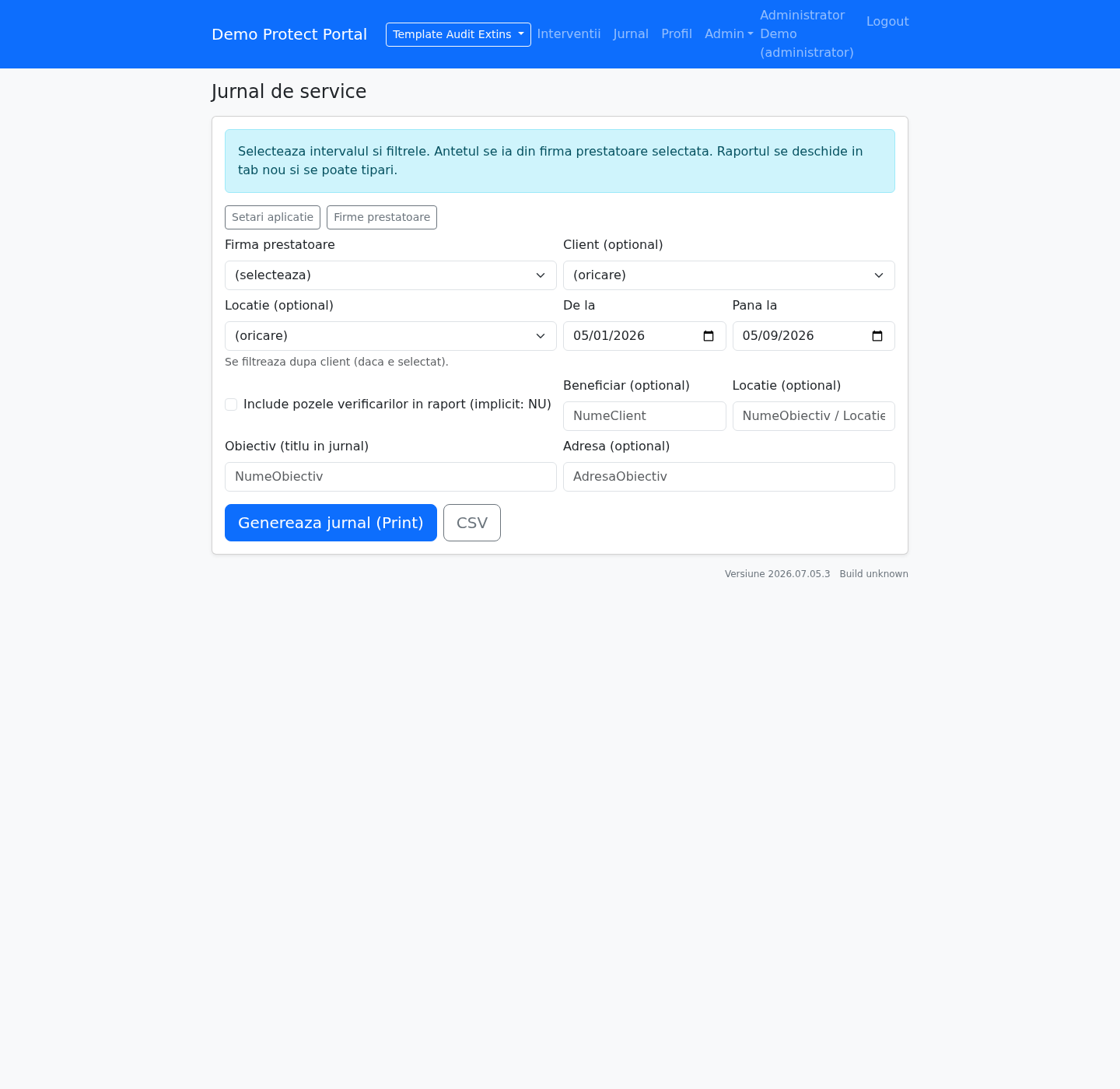 Jurnal de service filtrat pe client și perioadă